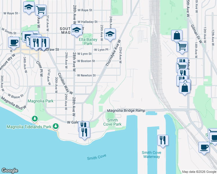 map of restaurants, bars, coffee shops, grocery stores, and more near 1818 Amherst Place West in Seattle