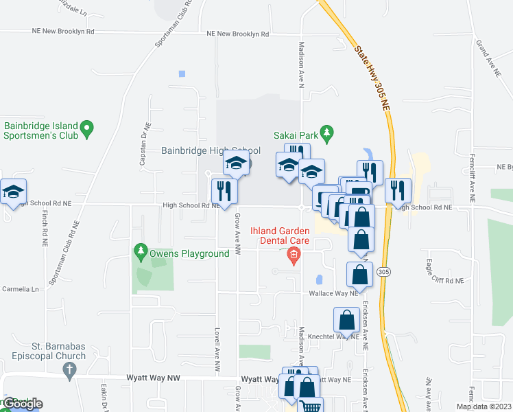 map of restaurants, bars, coffee shops, grocery stores, and more near 300 Northeast High School Road in Bainbridge Island