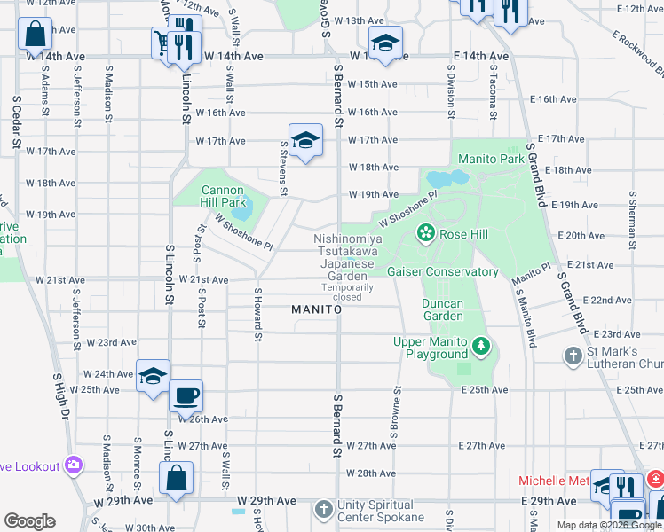 map of restaurants, bars, coffee shops, grocery stores, and more near 2024 South Bernard Street in Spokane