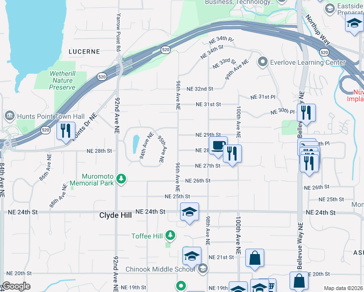 map of restaurants, bars, coffee shops, grocery stores, and more near 9600 Northeast 28th Street in Clyde Hill
