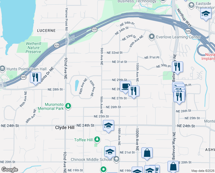 map of restaurants, bars, coffee shops, grocery stores, and more near 9620 Northeast 28th Street in Clyde Hill