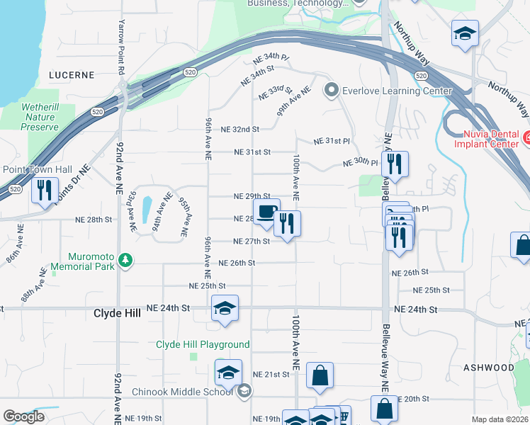 map of restaurants, bars, coffee shops, grocery stores, and more near 9818 Northeast 28th Street in Bellevue