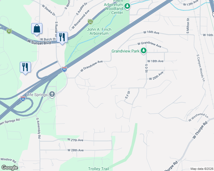 map of restaurants, bars, coffee shops, grocery stores, and more near 3515 West 21st Avenue in Spokane