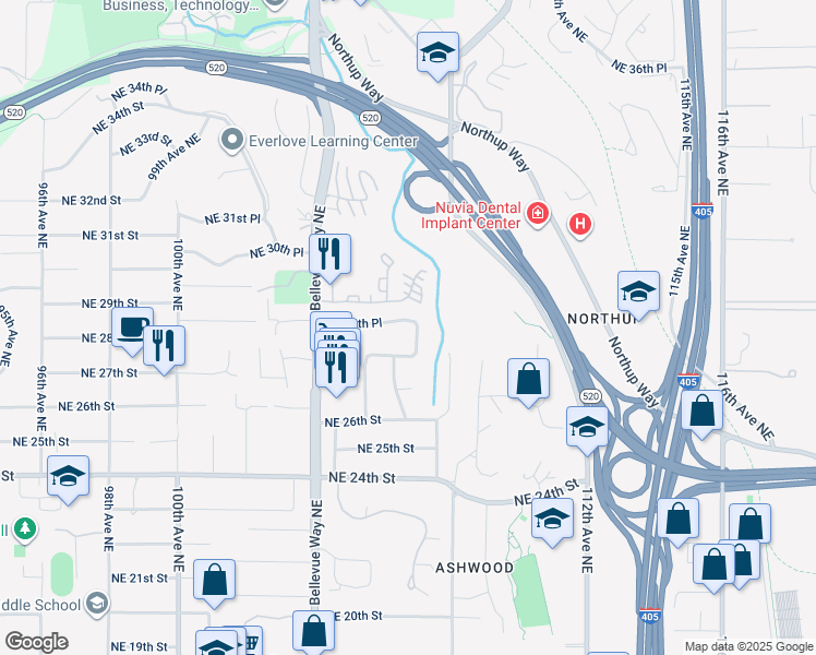 map of restaurants, bars, coffee shops, grocery stores, and more near 2808 107th Avenue Northeast in Bellevue
