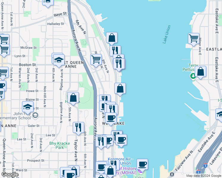 map of restaurants, bars, coffee shops, grocery stores, and more near 1804 Dexter Avenue North in Seattle
