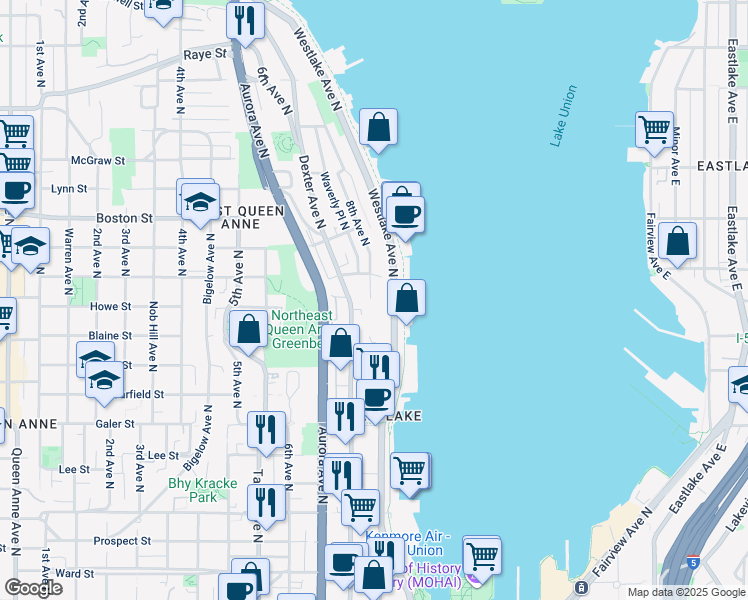 map of restaurants, bars, coffee shops, grocery stores, and more near 1804 Dexter Avenue North in Seattle