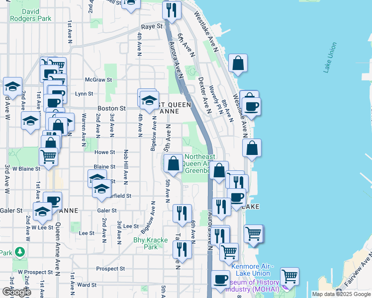 map of restaurants, bars, coffee shops, grocery stores, and more near 1833 Taylor Avenue North in Seattle