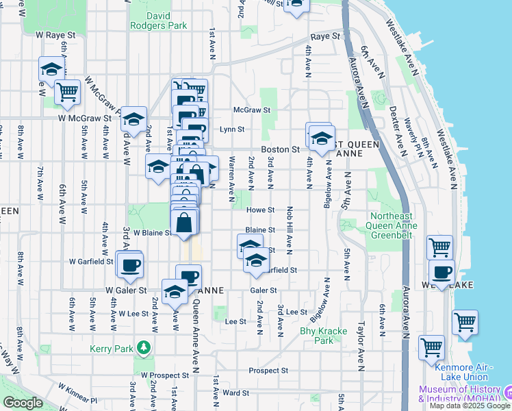 map of restaurants, bars, coffee shops, grocery stores, and more near 1819 2nd Avenue North in Seattle