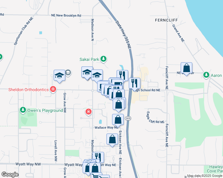 map of restaurants, bars, coffee shops, grocery stores, and more near 323 High School Road Northeast in Bainbridge Island