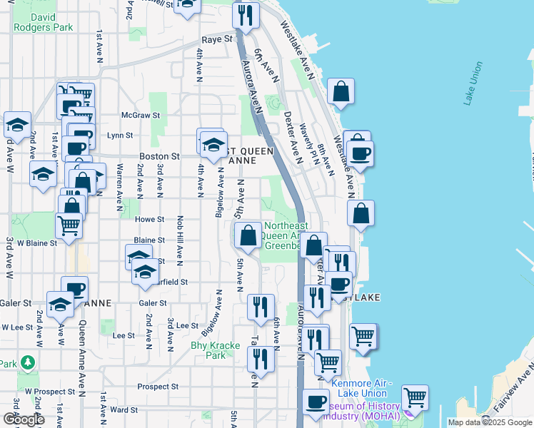 map of restaurants, bars, coffee shops, grocery stores, and more near 1833 Taylor Avenue North in Seattle