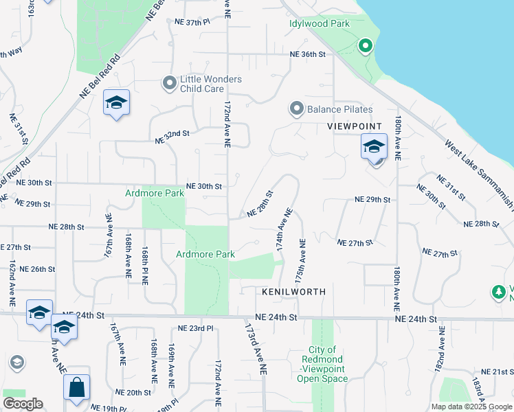 map of restaurants, bars, coffee shops, grocery stores, and more near 17403 Northeast 28th Street in Redmond