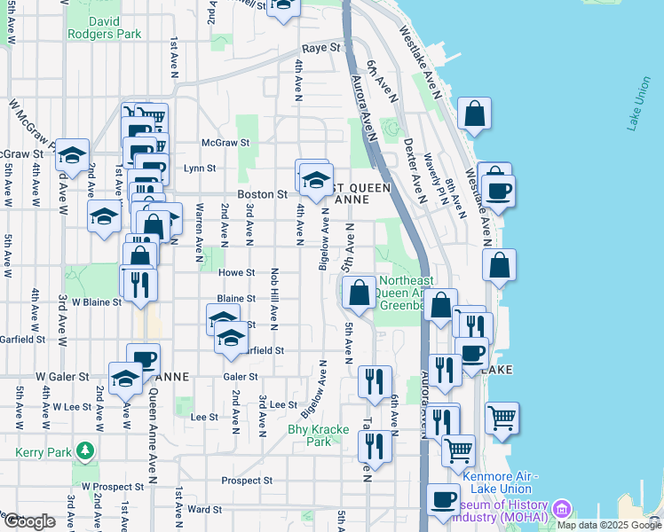 map of restaurants, bars, coffee shops, grocery stores, and more near 1902 Bigelow Avenue North in Seattle