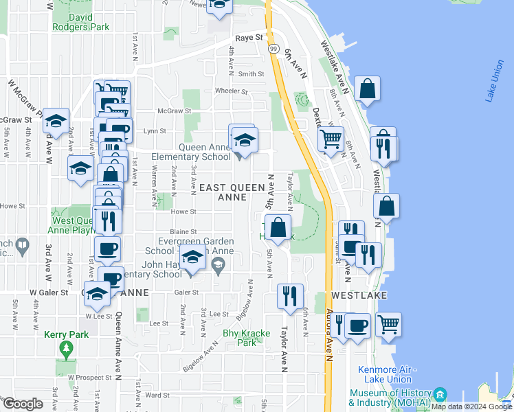 map of restaurants, bars, coffee shops, grocery stores, and more near 1902 Bigelow Avenue North in Seattle