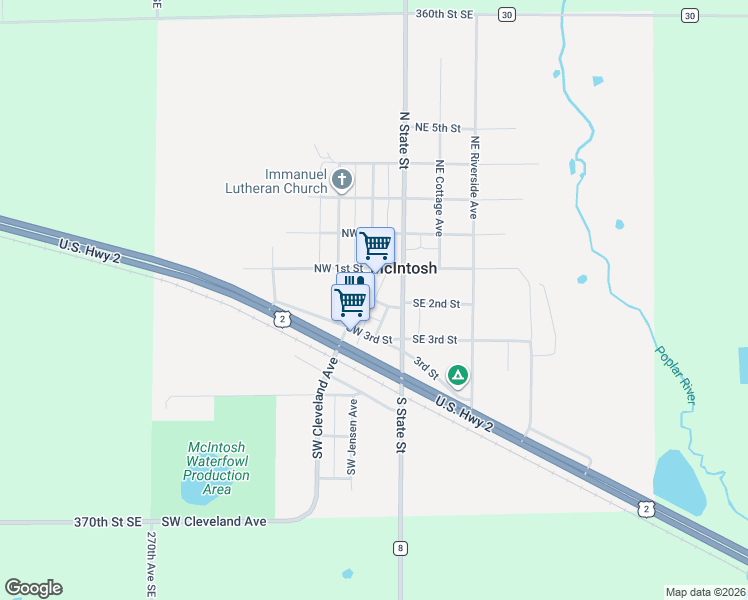 map of restaurants, bars, coffee shops, grocery stores, and more near Southwest 2nd Street in McIntosh