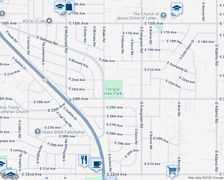 map of restaurants, bars, coffee shops, grocery stores, and more near 13525 East 24th Avenue in Spokane Valley