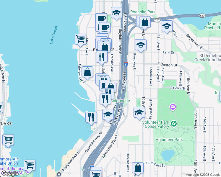 map of restaurants, bars, coffee shops, grocery stores, and more near 1816 Eastlake Avenue East in Seattle