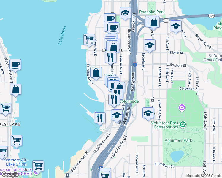 map of restaurants, bars, coffee shops, grocery stores, and more near 1880 Fairview Avenue East in Seattle