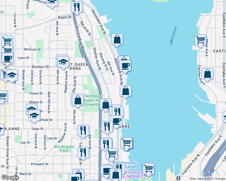 map of restaurants, bars, coffee shops, grocery stores, and more near 1804 Dexter Avenue North in Seattle