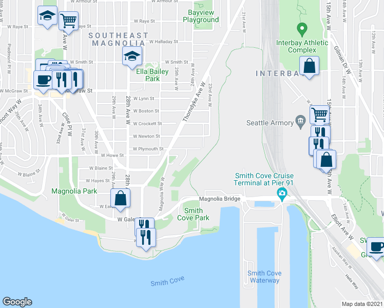 map of restaurants, bars, coffee shops, grocery stores, and more near 1818 Amherst Place West in Seattle
