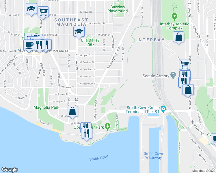 map of restaurants, bars, coffee shops, grocery stores, and more near 1818 Amherst Place West in Seattle