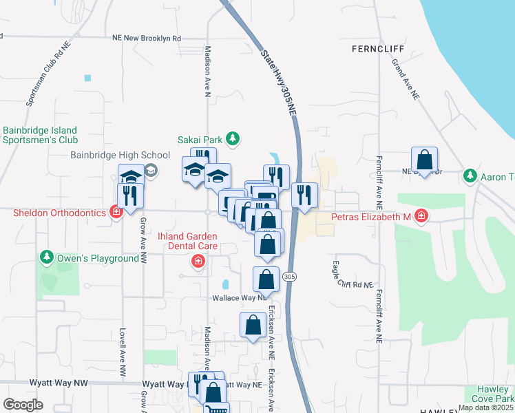 map of restaurants, bars, coffee shops, grocery stores, and more near 323 High School Road Northeast in Bainbridge Island