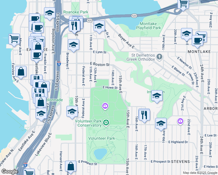 map of restaurants, bars, coffee shops, grocery stores, and more near 1815 Everett Avenue East in Seattle
