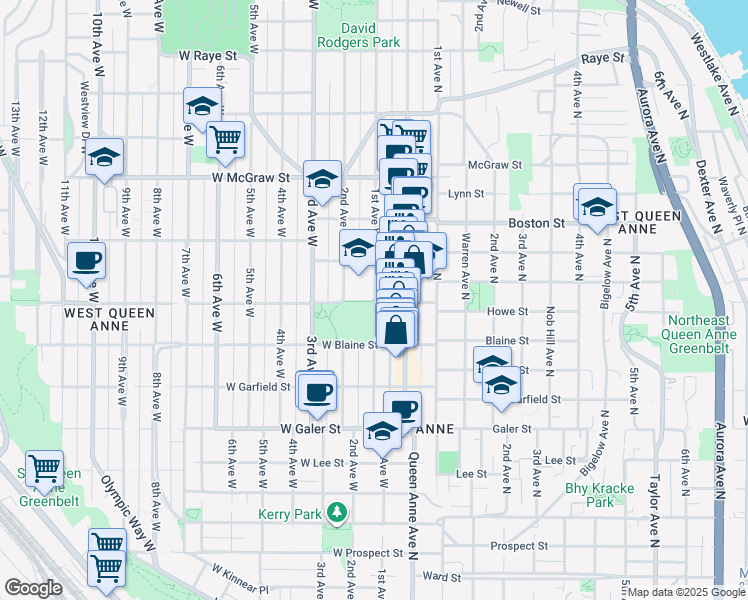 map of restaurants, bars, coffee shops, grocery stores, and more near 1901 1st Avenue West in Seattle