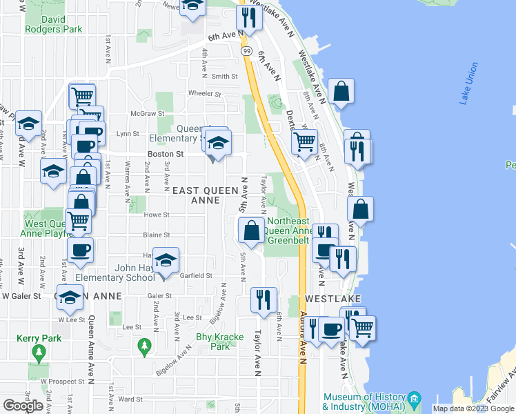 map of restaurants, bars, coffee shops, grocery stores, and more near 1833 Taylor Avenue North in Seattle