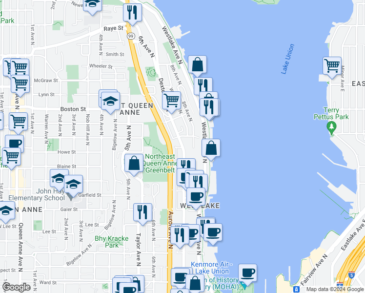 map of restaurants, bars, coffee shops, grocery stores, and more near Dexter Ave N & Howe St in Seattle