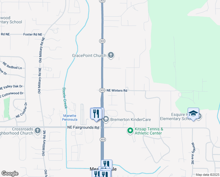 map of restaurants, bars, coffee shops, grocery stores, and more near 1602 Northeast Winters Road in Bremerton