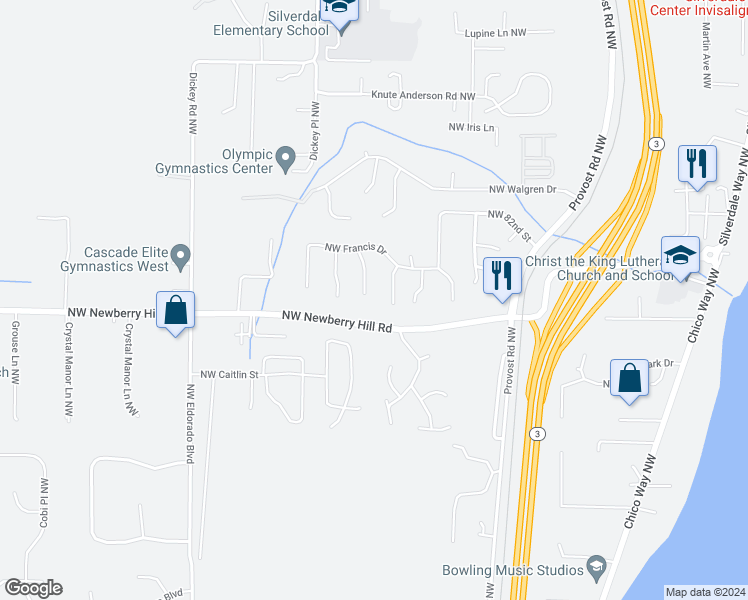 map of restaurants, bars, coffee shops, grocery stores, and more near 8042 Daniel Place Northwest in Silverdale