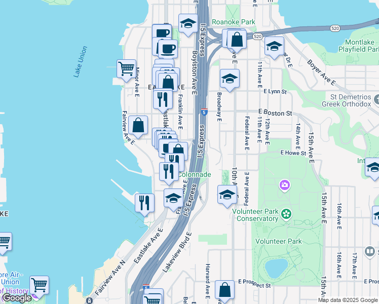 map of restaurants, bars, coffee shops, grocery stores, and more near 1814 Franklin Avenue East in Seattle