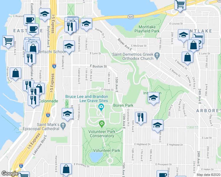 map of restaurants, bars, coffee shops, grocery stores, and more near 1900 14th Avenue East in Seattle