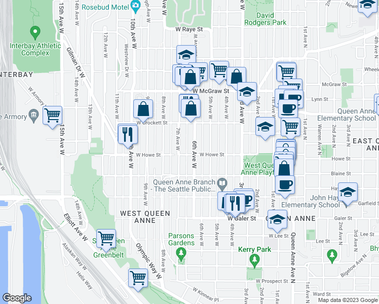 map of restaurants, bars, coffee shops, grocery stores, and more near 606 West Howe Street in Seattle