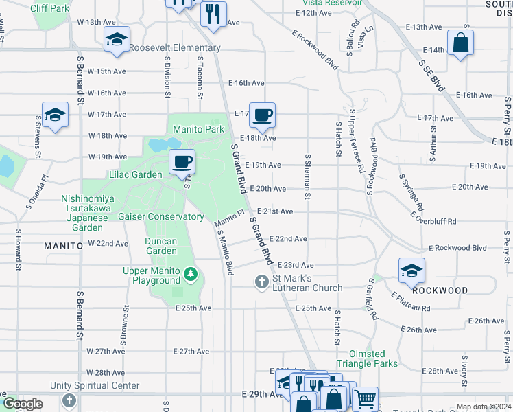 map of restaurants, bars, coffee shops, grocery stores, and more near 242 East Manito Place in Spokane