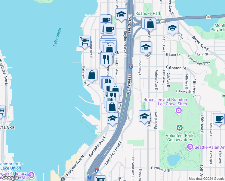 map of restaurants, bars, coffee shops, grocery stores, and more near 1816 Eastlake Avenue East in Seattle