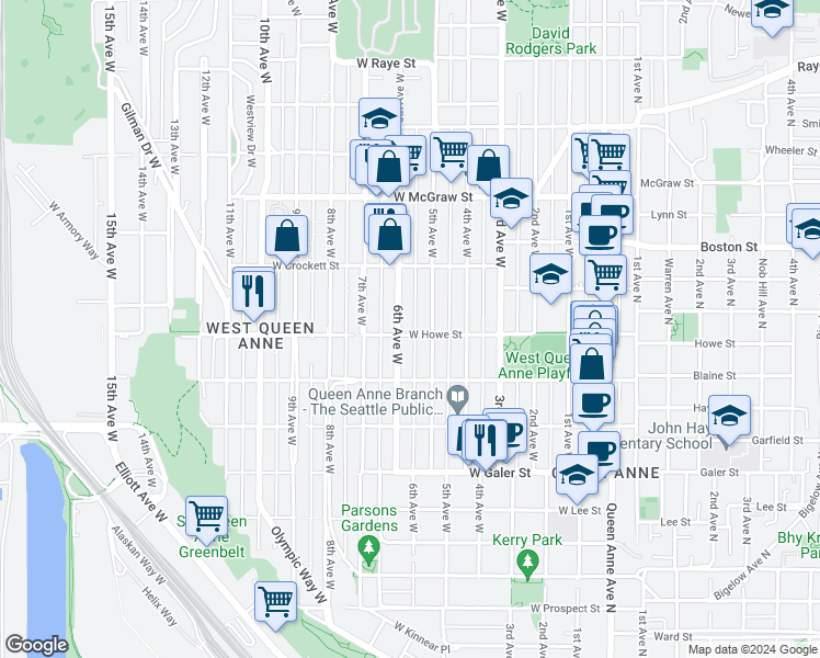 map of restaurants, bars, coffee shops, grocery stores, and more near 1823 5th Avenue West in Seattle