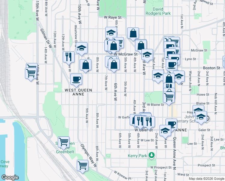 map of restaurants, bars, coffee shops, grocery stores, and more near 1821 6th Avenue West in Seattle
