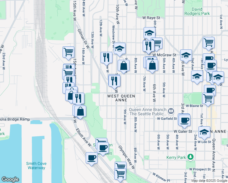 map of restaurants, bars, coffee shops, grocery stores, and more near 1822 10th Avenue West in Seattle