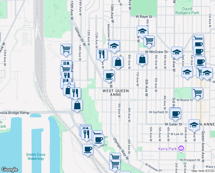 map of restaurants, bars, coffee shops, grocery stores, and more near 1822a 11th Avenue West in Seattle