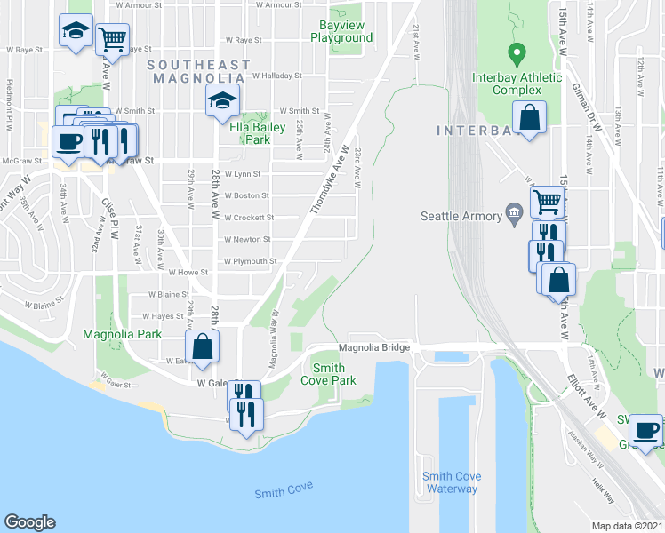 map of restaurants, bars, coffee shops, grocery stores, and more near 1818 Amherst Place West in Seattle