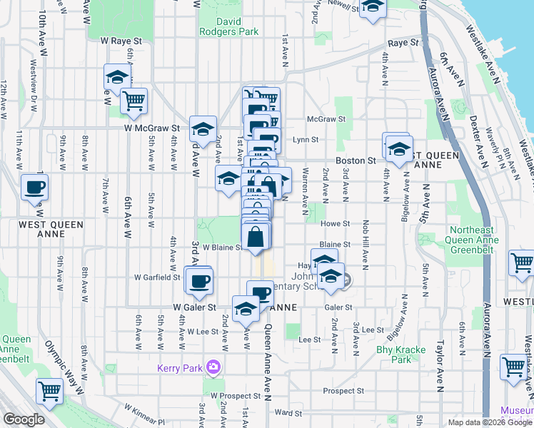 map of restaurants, bars, coffee shops, grocery stores, and more near 1900 Queen Anne Avenue North in Seattle