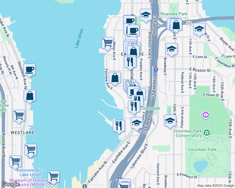 map of restaurants, bars, coffee shops, grocery stores, and more near 1910 Fairview Avenue East in Seattle