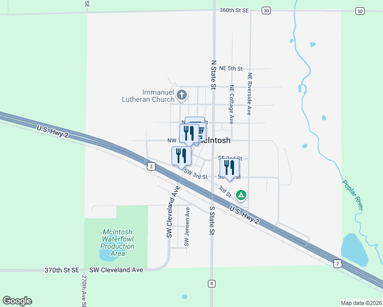 map of restaurants, bars, coffee shops, grocery stores, and more near Southwest 2nd Street in McIntosh