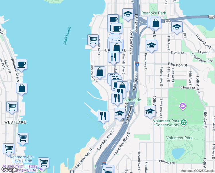 map of restaurants, bars, coffee shops, grocery stores, and more near 1910 Fairview Avenue East in Seattle