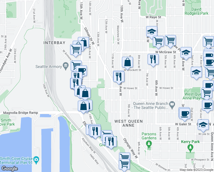 map of restaurants, bars, coffee shops, grocery stores, and more near 1823 12th Avenue West in Seattle