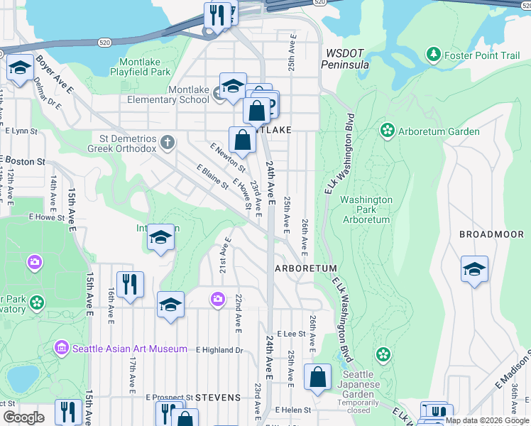 map of restaurants, bars, coffee shops, grocery stores, and more near 1821 Boyer Avenue East in Seattle