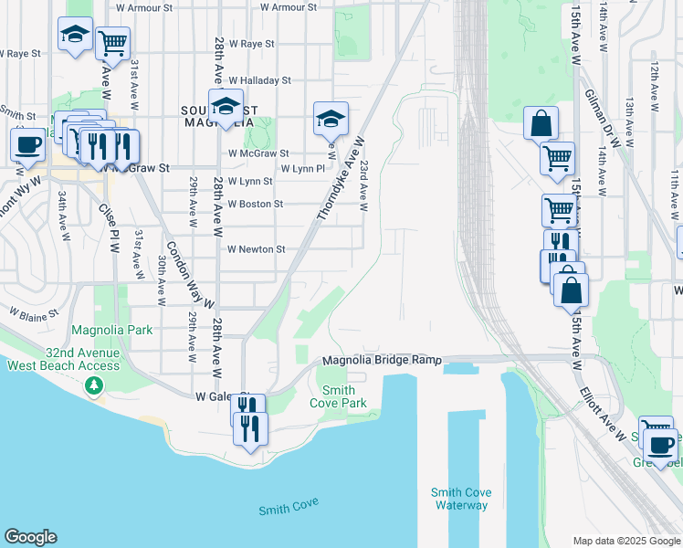 map of restaurants, bars, coffee shops, grocery stores, and more near 2323 West Plymouth Street in Seattle