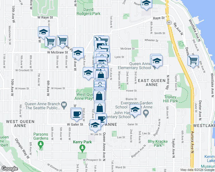 map of restaurants, bars, coffee shops, grocery stores, and more near 14 Howe Street in Seattle
