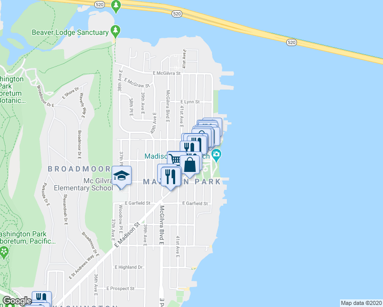 map of restaurants, bars, coffee shops, grocery stores, and more near 4201 East Madison Street in Seattle